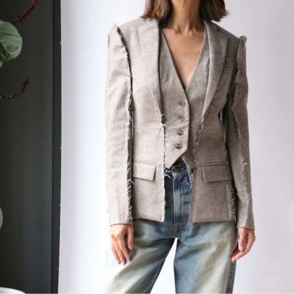 New R13 Fray Seam Flat Sleeve Merino Wool Blazer In Oatmeal Size Large - Picture 13 of 13